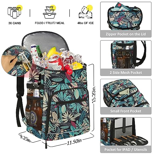Cooler Backpack Insulated Leakproof Waterproof Backpack Cooler Bag 30/45 Cans, Large Capacity Lightweight Travel Camping Beach Backpack Cooler Ice Chest for Men and Women - color: blueleaf, size: 30 Cans
