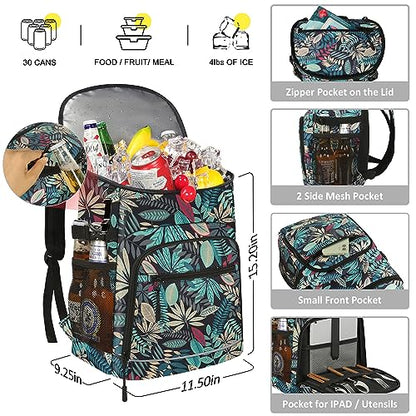 Cooler Backpack Insulated Leakproof Waterproof Backpack Cooler Bag 30/45 Cans, Large Capacity Lightweight Travel Camping Beach Backpack Cooler Ice Chest for Men and Women - color: blueleaf, size: 30 Cans