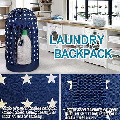 Dalykate Backpack Laundry Bag, Laundry Backpack with Shoulder Straps and Mesh Pocket Durable Nylon Clothes Hamper Bag with Drawstring Closure for College, Travel, Laundromat, Apartment - color: Starry Blue