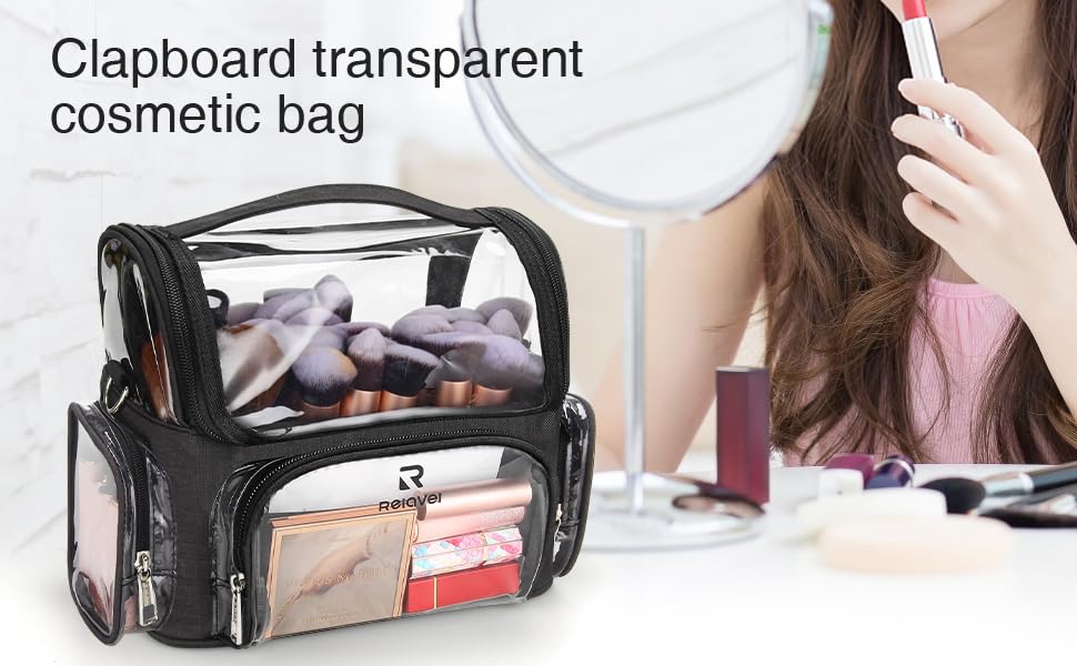 NAONAYA Makeup Brush Bag, Clear Makeup Brush Holder Professional Makeup Artist Travel Case Waterproof Cosmetic Organizer Bag, Full Open Easy to Access, with Adjustable Shoulder Strap and Dividers - color: clear, size: S