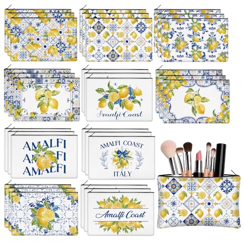 30 Pcs Amalfi Coast Makeup Bags Romantic Lemon Canvas Cosmetic Zipper Pouches with Blue Yellow Makeup Bag Bulk Canvas Cosmetic Travel Toiletry Pouch for Women Bachelorette Birthday Gifts - style: Lemon Porcelain