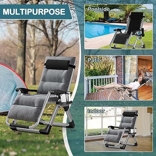NAIZEA Padded Zero Gravity Chair, Folding Outdoor Lounge Chairs, Adjustable Reclining Camping Chairs with Cup Holder, Ergonomic Patio Lawn Chair for Balcony Beach Deck Yard - color: Linen Grey, style: Zero Gravity Chair