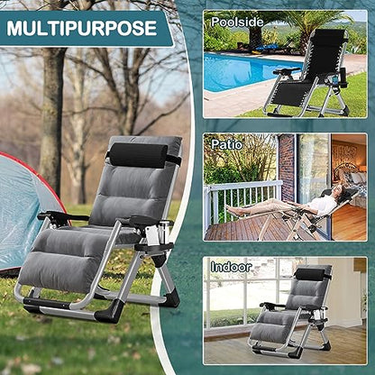 NAIZEA Padded Zero Gravity Chair, Folding Outdoor Lounge Chairs, Adjustable Reclining Camping Chairs with Cup Holder, Ergonomic Patio Lawn Chair for Balcony Beach Deck Yard - color: Linen Grey, style: Zero Gravity Chair