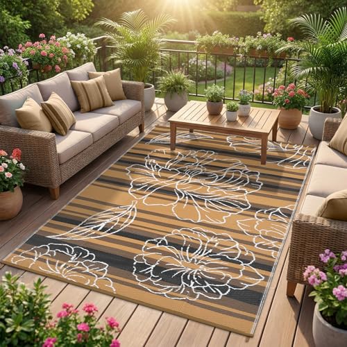 Garvee 6x9 Outdoor Waterproof Rug, Floral Outdoor Area Rug，Reversible Plastic Straw Patio Rug, Portable Camping Mat for RV, Picnic, Beach, Balcony, Garden & Camping Black&Brown - color: Blackbrown, size: 6' x 9' (Rectangular)