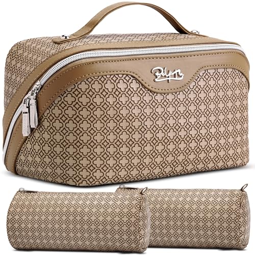 BOYATU Travel Makeup Bag for Women: Four Leaf Clover Large Capacity 3 Pcs Set Cosmetic Bags - Waterproof 50% Extra Space for Toiletry Organizer - Travel Essentials for Fortunate (05 Brown) - color: 05 Brown