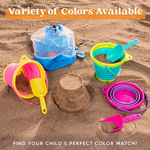JOYIN Foldable Beach Bucket Set - 3 Packs Collapsible Toy Buckets with Shovels and Mesh Backpack for Kids Toddlers Party, Camping Gear, Travelling, Fishing Water Pail (Pink/Purple/Green) - color: Pink/Purple/Green