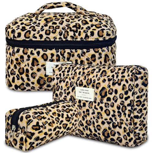 GISMTR 3Pcs Makeup Bag Cotton Quilted Travel Cosmetic Bag Cute Floral Makeup Pouch Large Toiletry Bag for Women Girls - color: Brown leopard print