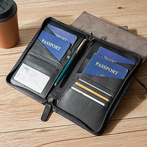 Polare Full Grain Leather Passport Holder Cover Case for Men and Women RFID Blocking Family Travel Wallet Holds 6 Passports - color: Black