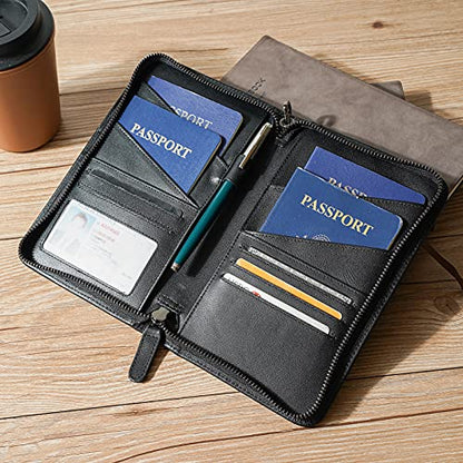Polare Full Grain Leather Passport Holder Cover Case for Men and Women RFID Blocking Family Travel Wallet Holds 6 Passports - color: Black