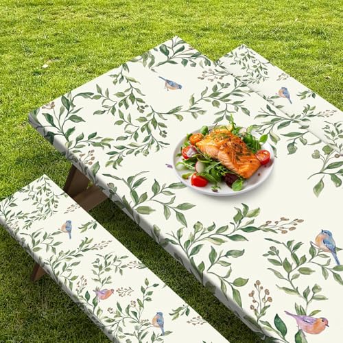 Picnic Table Cover with Bench Covers Elastic Edges, Botanical Bird Camper Fitted Table Cover, Outdoor Camping Essentials 72 Inch 3PCS, Waterproof Camping Fitted Tablecloth with Drawstring Bag - color: Botanical Bird, size: 72in