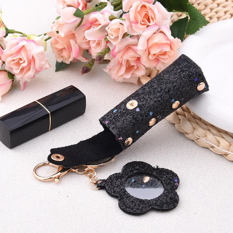 Sisadodo Glitter Lip Oil Holder Key Chains for Woman Lipstick Case with Mirror Lip Balm Keychain for Lipstick Case Keychain - color: Black-flower