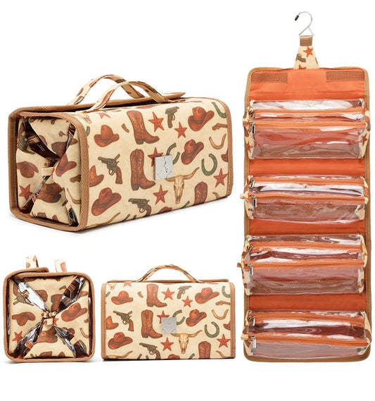 ROYALFAIR Roll Up Makeup Bag, Travel Toiletry Bag for Women with 4 Clear TSA Approved Pouches, Hanging Travel Organizer, Folding Cosmetic Bag for Men and Women - color: cowboy