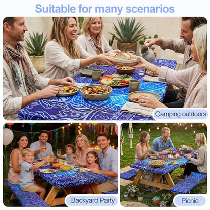 Picnic Table Cover with Bench Covers Camping Essentials Waterproof Windproof Camping Tablecloth with Drawstring Bag, Fitted Rectangle Tables and Seats, 72in, Blue Purple - color: Blue Purple, size: 72in
