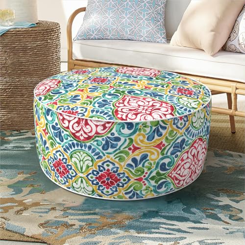 DYTXIII Inflatable Ottoman Stool D21 xH9 for Outdoor/Indoor Use, Water Repellent Patio Foot Rest Stool with Portable Handle,Round Pouf Ottoman Suitable for Garden,Deck and Camping - Damask Red - color: Damask Red, size: 21"D x 21"W x 9"H
