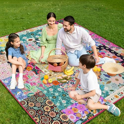 Supfitness Extra Large Picnic Blankets Waterproof Foldable (80 "x 80") Beach Blanket Waterproof Sandproof,3-Layer Thicking Mat Outdoor Packable Camping Blanket(Bohemian) - color: Flower, size: 80x80in