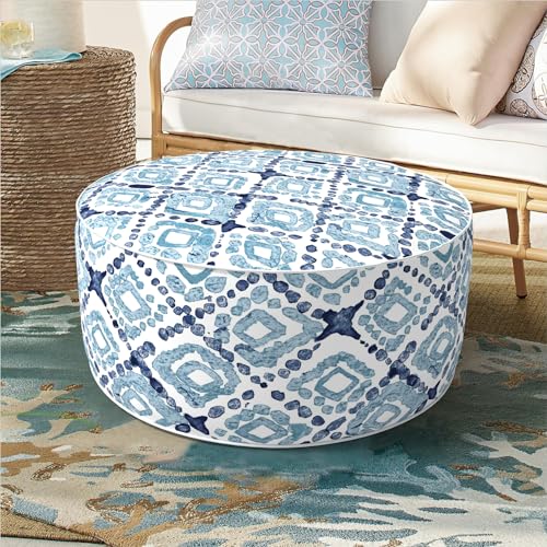 DYTXIII Inflatable Ottoman Stool D21 xH9 for Outdoor/Indoor Use, Water Repellent Patio Foot Rest with Portable Handle,Round Pouf Ottoman Suitable for Garden,Deck and Camping - Geometry Blue - color: Geometry Blue, size: 21"D x 21"W x 9"H