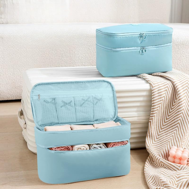 Portable Underwear Bra Storage Bag Waterproof Travel Organizers Multi-Layer Toiletry Packing Cube - color: Stripe-light blue