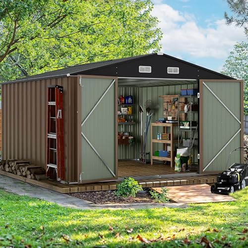 Devoko 10 x 10 FT Outdoor Storage Shed, Metal Garden Sheds & Outdoor Storage Clearance, Large Tool Shed Outdoor with Single Lockable Door for Patio Lawn Backyard (Brown) - color: Brown, size: 10x10 FT without Floor Frame