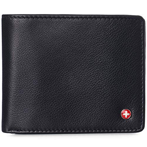 Alpine Swiss Mens Wallet for Men | RFID Protected Leather Mens Wallet | Spencer Bifold with Divided Bill Section | Gift Box | 2 ID Windows | 14 Card & Storage Pockets for Organization - color: Black