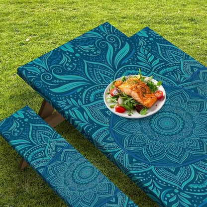 Picnic Table Cover with Bench Covers Elastic Edges, Boho Teal Camper Fitted Table Cover, Outdoor Camping Essentials 72 Inch 3PCS, Waterproof Camping Fitted Tablecloth with Drawstring Bag - color: Boho Teal, size: 72in