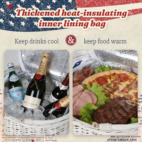 Wicker Picnic Basket with Insulated Lined Bag 15“ x 11” x 7“ Red, White,Blue Star Stripe Pattern, Iced Beer Insulated Bag for Camping, Picnics, Birthday Gifts, Wedding Gifts - color: Classic Red and Blue Stripes