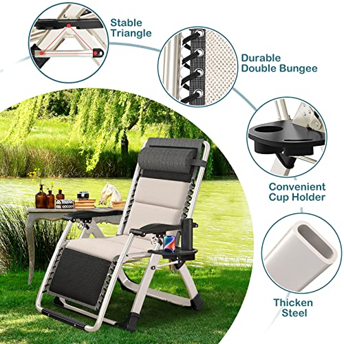 NAIZEA Padded Zero Gravity Chair, Folding Outdoor Lounge Chairs, Adjustable Reclining Camping Chairs with Cup Holder, Ergonomic Patio Lawn Chair for Balcony Beach Deck Yard - color: Ivory White, style: Zero Gravity Chair 2 Pack