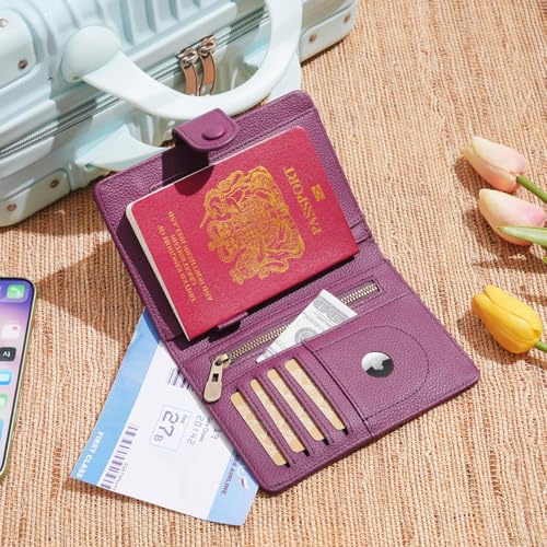 WASON Leather Passport Cover Wallet - Travel Passport Holder with RFID, Card Slots, Cash Pocket, Coin Purse, Tracker Slot, Boarding Pass and Ticket Organizer for Men and Women (Purple) - color: Purple