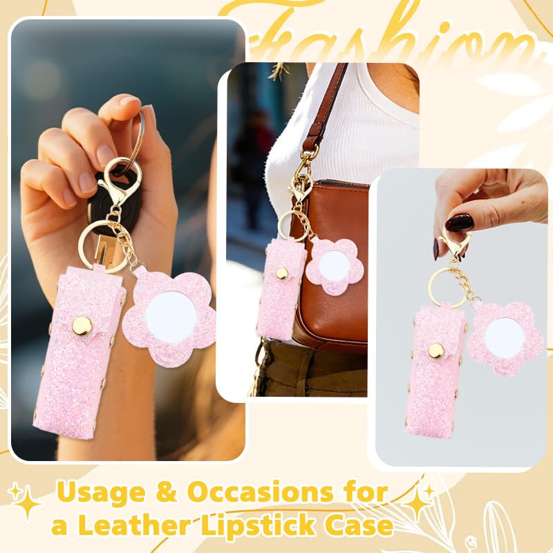 Sisadodo Glitter Lip Oil Holder Key Chains for Woman Lipstick Case with Mirror Lip Balm Keychain for Lipstick Case Keychain - color: Pink-flower