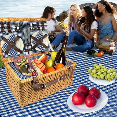Nature Gear Picnic Basket, Wicker Basket with Handle for Outdoors, Insulated Woven Basket, Includes a Service Kit of Dinnerware & Wine Glasses, Picnic Basket Set for 4 with Blanket, Blue & White - color: Blue & White & Blanket