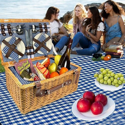 Nature Gear Picnic Basket, Wicker Basket with Handle for Outdoors, Insulated Woven Basket, Includes a Service Kit of Dinnerware & Wine Glasses, Picnic Basket Set for 4 with Blanket, Blue & White - color: Blue & White & Blanket