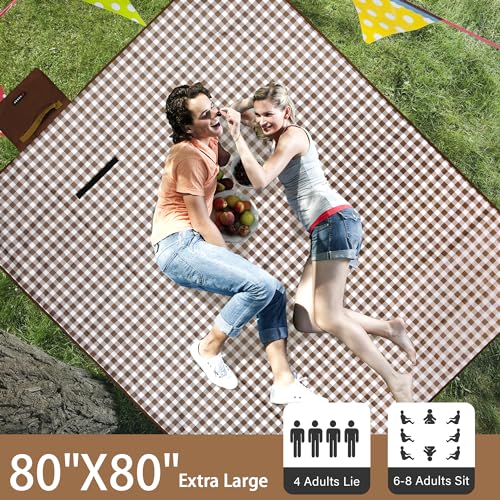 HX&OD Outdoor Picnic Blanket 80"X80" Picnic Mat Extra Large Camping Blanket Beach Blanket Foldable Waterproof Sand Mat Hiking Travel Family Concerts(Brown) - color: Brown, size: 80”x 80”