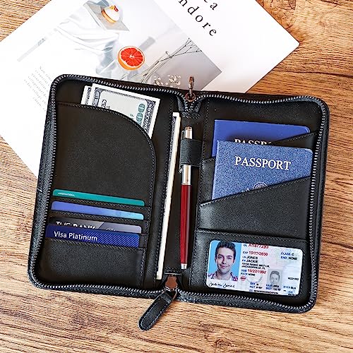 Polare Napa Leather Passport Holder With YKK Zipper RFID Blocking Travel Document Organizer Ticket Holder Cover Case Holds 2 Passports (Black) - color: Black