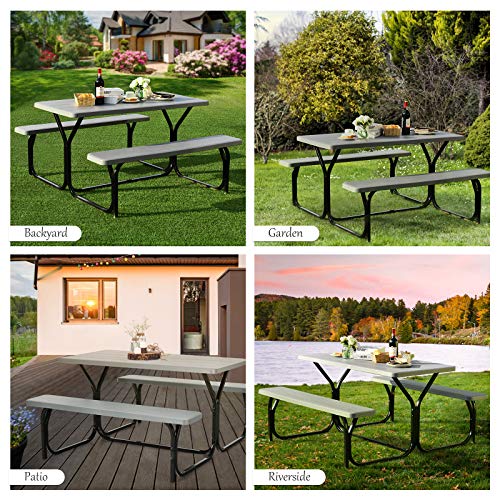 Giantex Picnic Table Bench Set Outdoor Camping All Weather Metal Base Wood-Like Texture Backyard Poolside Dining Party Garden Patio Lawn Deck Furniture Large Camping Picnic Tables for Adult (Gray) - color: Grey