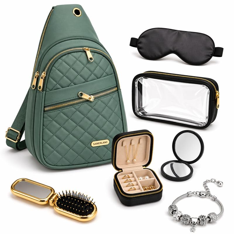 Travel Essentials Gift Set for Women – 7 Pc Travel Kit with Sling Bag, TSA Pouch, Jewelry Case & Sleep Mask - color: Spritzy Sage