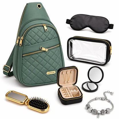 Travel Essentials Gift Set for Women – 7 Pc Travel Kit with Sling Bag, TSA Pouch, Jewelry Case & Sleep Mask - color: Spritzy Sage
