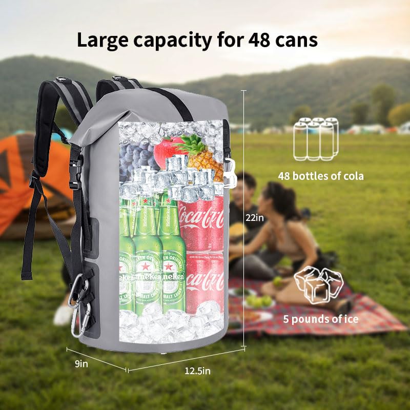48cans Large Cooler Backpack Insulated Waterproof for Men Women Insulated Backpack Cooler Leak Proof Waterproof for 12 Hours Cooling for Camping Picnic Hiking Beach Travel Kayaking - color: Gray