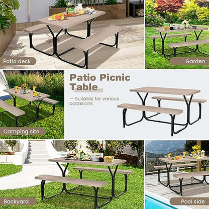 COSTWAY Outdoor Picnic Table, HDPE Plastic Picnic Table Bench Set with Weather Resistant Tabletop & Wood Texture, Ideal for Patio, Backyard (59" D x 54" W x 28.5" H,Brown) - color: Brown
