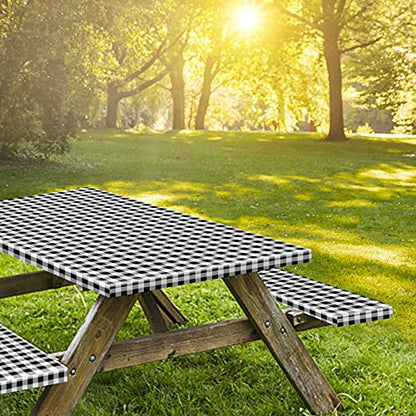 8ft Picnic Table and Bench Cover, Camping Essentials RV Gear, 96 in Waterproof Windproof Outdoor Elastic All Around Tablecloth, Fitted Rectangle Tables and Seats, Black-White Checkered - color: Black-white Checkered, size: 96"