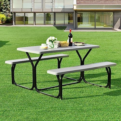 S AFSTAR Picnic Table Bench Set, 59” Expanded Rectangular Picnic Table, Outdoor Table and Bench with Steel Frame & Wood-Like Texture Tabletop, Camping Table Chair Set for Garden Lawn Deck (Gray) - color: Grey