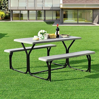 S AFSTAR Picnic Table Bench Set, 59” Expanded Rectangular Picnic Table, Outdoor Table and Bench with Steel Frame & Wood-Like Texture Tabletop, Camping Table Chair Set for Garden Lawn Deck (Gray) - color: Grey