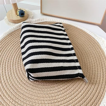 HAPPYHEIDI Large Stripe Makeup Bag Cosmetic Toiletry Travel Pouch, Purse Organizer, Canvas Lined, Black White, Large - color: Classic Black White Stripes Large