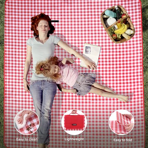 HX&OD Outdoor Picnic Blanket 80"X80" Picnic Mat Extra Large Camping Blanket Beach Blanket Foldable Waterproof Sand Mat Hiking Travel Family Concerts(Red) - color: Red, size: 80”x 80”