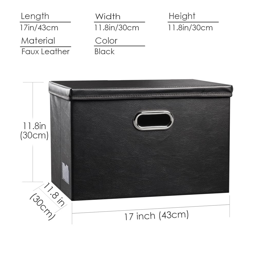 PRANDOM Large Collapsible Storage Bin with Lid [1-Pack] Leather Fabric Foldable Storage Box Organizer Containes Basket Cube with Cover for Home Bedroom Closet Office Nursery Black (17.7x11.8x11.8) - color: Black, size: Large(1-Pack)