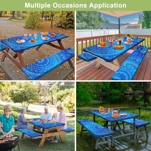 Picnic Table Cover with Bench Covers 6FT 3 Pcs Waterproof Windproof Aesthetic Camping Tablecloth with Drawstring Bag, Fitted for 6 Foot Rectangle Tables and Seats, 72 inch, Dark Blue Green - color: Dark Blue Green
