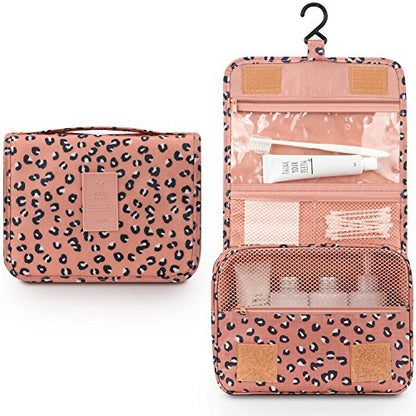 Mossio Hanging Toiletry Bag - Large Cosmetic Makeup Travel Organizer for Men & Women with Sturdy Hook - color: Pink Leopard