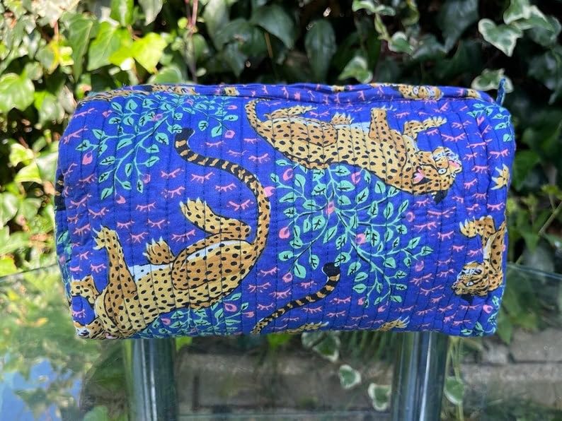YILLE Set of 3 Pieces Block Printed Travel Organizer Kit Storage Bag for Women Makeup Bag Travel Cosmetic Bag (Blue Cheetah) - color: Blue Cheetah
