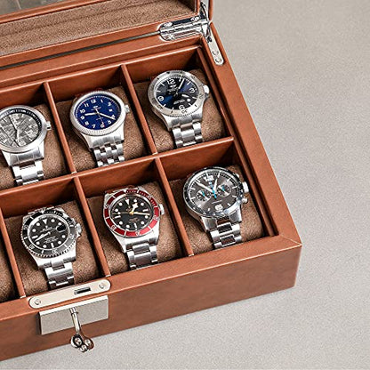ROTHWELL 10 Slot Leather Watch Box - Luxury Case Display Jewelry Organizer - Locking Watch Display Case Holder with Large Glass Top - Box Organizer for Men and Women (Tan/Brown) - color: Tan / Brown