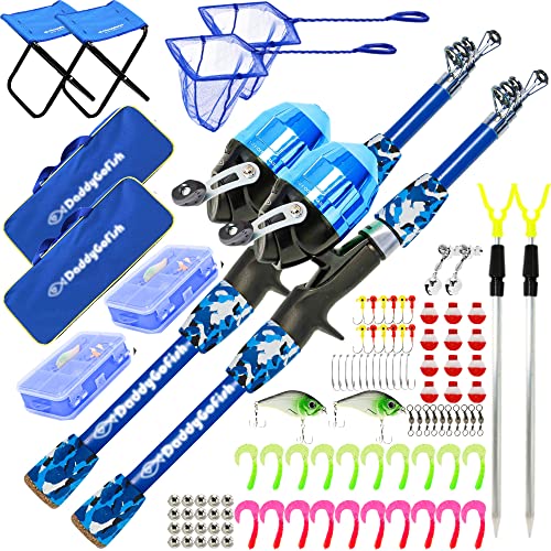 DaddyGoFish Kids Fishing Pole - Rod Reel Combo Tackle Box Starter Set - First Year Small Dock Gear Kit for Boys Girls Toddler Youth Age Beginner Little Children Junior Anglers - color: 2 Pack- Blue + Blue (Complete Set), size: 5ft