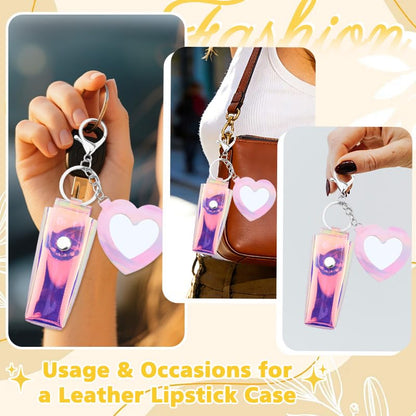 Sisadodo Glitter Lip Oil Holder Key Chains for Woman Lipstick Case with Mirror Lip Balm Keychain for Lipstick Case Keychain - color: Pv Pink-heart