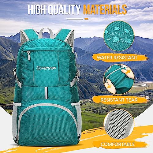 ZOMAKE Lightweight Packable Backpack 35L, Light Foldable Backpacks Water Resistant Collapsible Hiking Bag, Compact Folding Day Pack for Travel Camping(Lake Green) - color: Lake Green